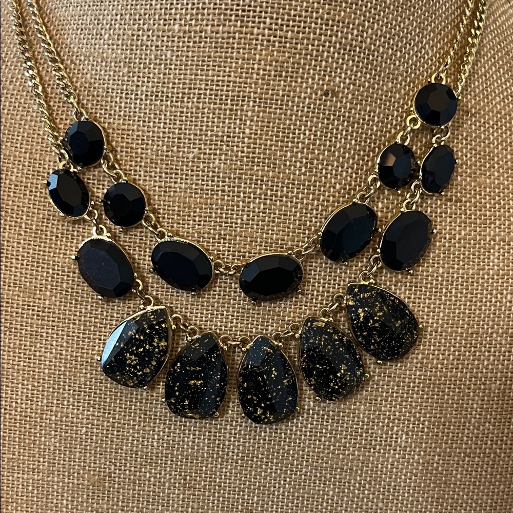 1946 Black and Gold Tone Double‎ Row Statement Necklace